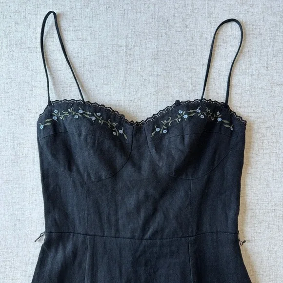 Reformation Kieryn Linen Midi Dress Black Floral Embroidered 4 NO BELT - Picture 5 of 10